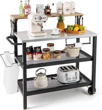 COSTWAY Grillwagen met opklapbare tafel, grilltafel met haken, handdoekhouder, vuilniszakhouder en 2 planken, outdoor serveerwagen, grill bijzettafel, pizzaovenstandaard, rolwagen