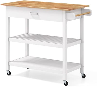 Keukeneiland - Verplaatsbaar - Keukenkast - Dressoir - Organizer - Kasten - Houten Werkblad - Lade - Natuurlijk + Wit