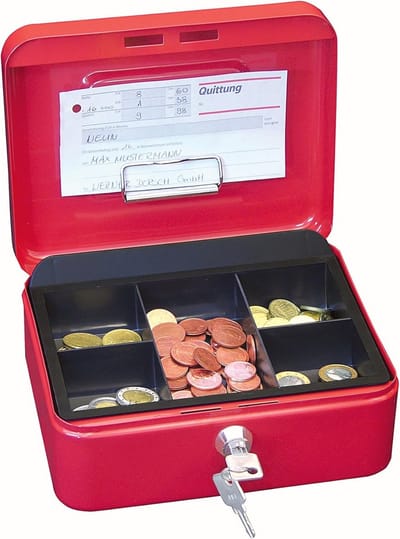 Geldcassette met 5-vaks munteninzetstuk en veiligheidsslot - Rood