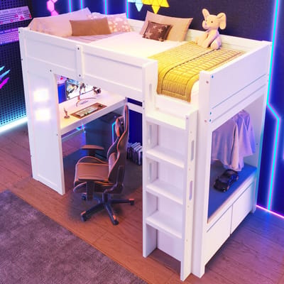 Hoogslaper 90x200 cm - speelbed - met LED-verlichting - met USB- en Type-C-poorten - bureau - lade - kledingrek - zonder matras - wit