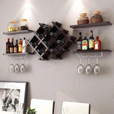 Wijnrek - Wand gemonteerd Wijnrek - Set van 5 - Wijnfles Plank Set Met Glazen Houder - Muur wijnrek
