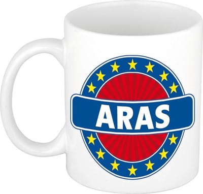 Bellatio Decorations - Aras voornaam - koffiemok - beker - wit/blauw - 300 ml - Cadeau - Heren - Collega - Vaderdag - Verjaardag