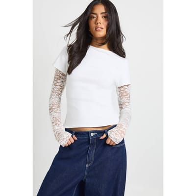 boohoo Dames Baby Tee met Kanten Mouwen | Wit | Maat: 34