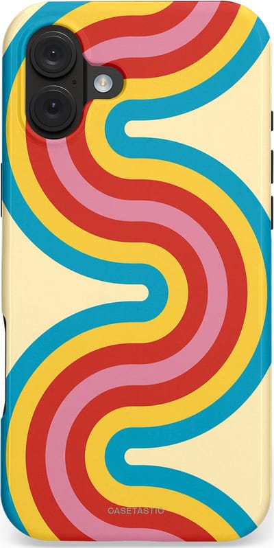 Casetastic hoesje geschikt voor Apple iPhone 16 Plus - MagSafe - Dubbellaagse bescherming - Retro kronkels - Fashion Case - Crème Lichtblauw Goud Rood