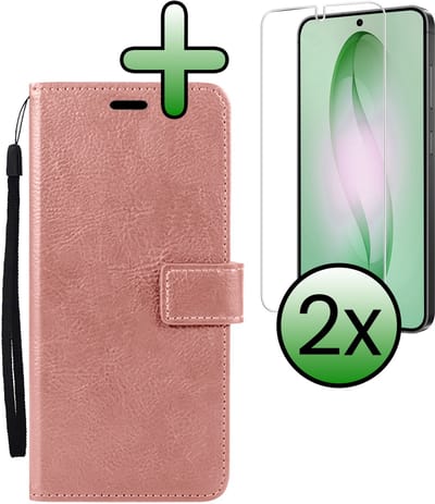 Hoesje Met 2x Screenprotector - Geschikt voor Samsung Galaxy S26 - Luxe Pasjeshouder - Bookcase Portemonee - Flip Case - Kunstleer Book Case - Flipcase Hoes - Book Cover - Walletcase - Portemonneehoes - Rosé goud