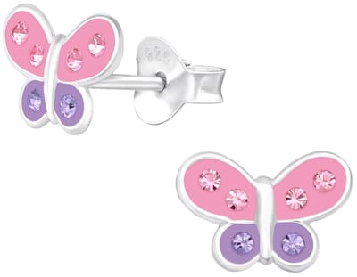 Joy|S - Zilveren vlinder oorbellen - 9 x 6 mm - zilver roze paars - kristal - kinderoorbellen