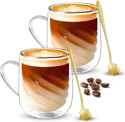Dubbelwandige thermoglazen voor latte macchiato, cappuccino en thee - Set van 4, 350 ml, met lepels