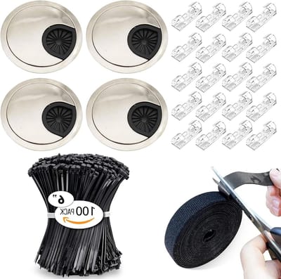 Complete Kabelorganisatieset voor Bureau met 4 Grommets, 20 Zelfklevende Kabelclips en 100 Kabelbinders voor een Opgeruimd Werkplek