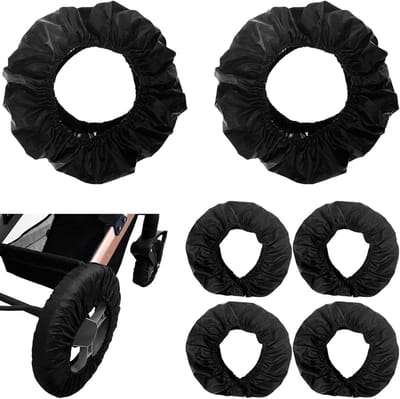 Allecto Plus - 6-delige kinderwagen-wieldop: bandenbeschermer en waterdichte wielhoezen voor baby's in zwart - kinderwagen accessoires