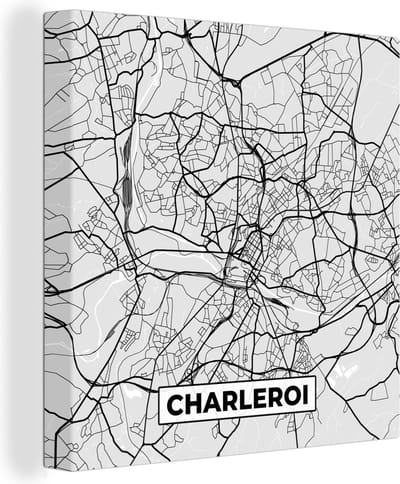 Canvas Schilderij Stadskaart – Plattegrond – België – Zwart Wit – Charleroi – Kaart - 20x20 cm - Wanddecoratie