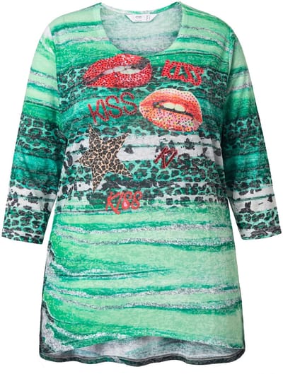 Angel of Style - Dames - T-shirt A-lijn gestreept leomotief glittersteentjes - Blauwgroen - Maat 44