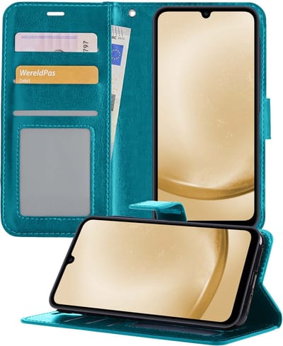 Hoesje - Met Pasjeshouder - Geschikt voor Samsung Galaxy A25 - Luxe Bookcase Portemonee - Flip Case - Kunstleer Book Case - Flipcase - Book Cover - Walletcase - Portemonneehoes - Telefoonhoesjes - Turquoise