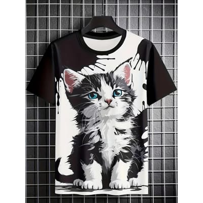 kawaii style mignon chat de dessin animé Imprimé T-shirt Graphique pour Homme T-shirts Décontractés pour l'Été Vêtements pour Homme Tissu Polyester Légèrement Extensible 6XL white