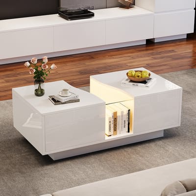 Komhtom Salontafels Moderne salontafel met ledverlichting en 2 lades – 100 x 50 x 35 cm hoogtafel in hoogglans wit met ledverlichting en acrylblad bijzettafel van MDF voor de woonkamer of slaapkamer.