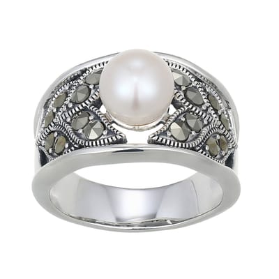 Cavill - 925 Sterling Zilver Ring - 0,4 ct Markasiet en Witte Zoetwaterparel - 7,5 mm Vintage Filigraan Elegant Sieraad