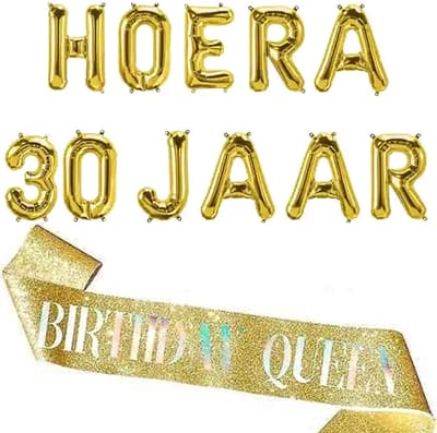 Folie ballonnen set Hoera 30 Jaar + sjerp Birthday Queen goud - 30 - verjaardag - sjerp - ballonnen - decoratie - birthday