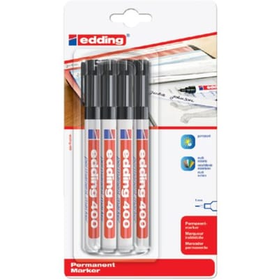 edding 400 permanent marker - zwart - 4 stiften - ronde punt 1 mm - water en wrijfvast - voor karton, kunststof, hout, metaal, etc. - alcohol markers voor volwassenen