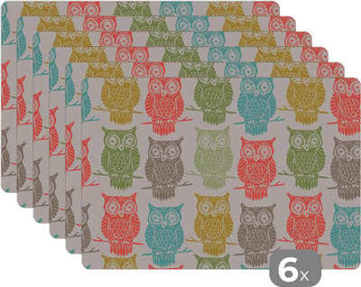 Placemat - Placemats kunststof - Patronen - Uil - Vogels - 45x30 cm - 6 stuks - Hittebestendig - Anti-Slip - Onderlegger - Afneembaar