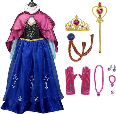 Prinsessenjurk meisje + Kroon + Vlecht + Toverstaf + Handschoenen + Juwelen - Anna verkleedjurk - Prinsessen speelgoed - Het Betere Merk - maat 92/98 (100)- Roze cape