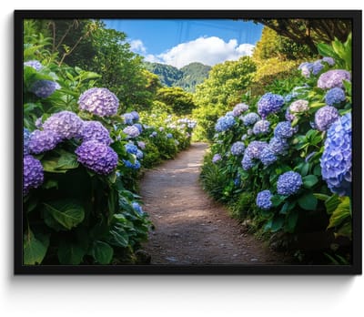 Poster in lijst - Fotolijst 70x50 cm - Posters - Hortsensia - Pad - Bloemen - Posterlijst zwart - Decoratie - Wanddecoratie woonkamer - Muurdecoratie slaapkamer