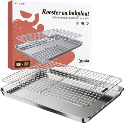 Bakplaat voor Oven Braadslede met Rooster Ovenrooster - Taartrooster Ovenplaat Afkoelrooster - Grillrooster Braadslee Ovenrek - Koelrek Bakrooster