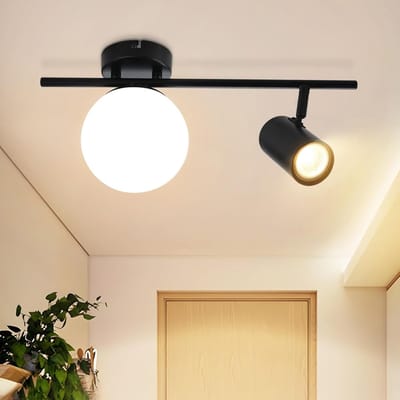 Glitzerlife - Plafondspot Plafondlamp - dubbele lichtbron Retro 1xE14 en 1xGU10 fitting - Opbouwspots Woonkamer - Draaibaar - Metaal en Glas - Ø25cm - Zwart