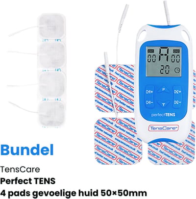 TensCare - Bundel Perfect TENS + 4 pads gevoelige huid 50×50mm (1 set) | TENS apparaat | Pijnverlichting | Elektrodentherapie | electroden pads tens | elektrodenpads | Zelfklevende Elektroden Pads |