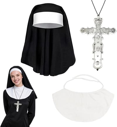 3-delige Halloween Nonnen Kostuums voor Vrouwen met Zwarte Hoofdbedekking, Kruis Ketting en Kraag Accessoires voor Cosplay en Feestjes