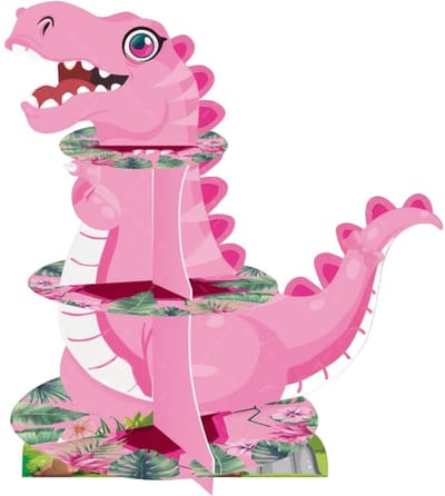 Dailygoods- Muffinstandaard 3 Etages - Taartplateau - Cupcake-Standaard - Verjaardag - Feest - Dinosaurusvorm met Groene Plantversieringen - Taartstandaard