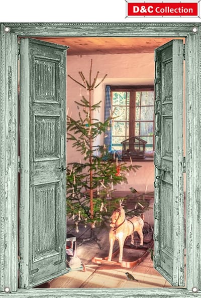 Tuinposter voor buiten - 65x90 cm - groene deuren speelgoed interieur - kerstposter - winterposter - kerstdecoratie