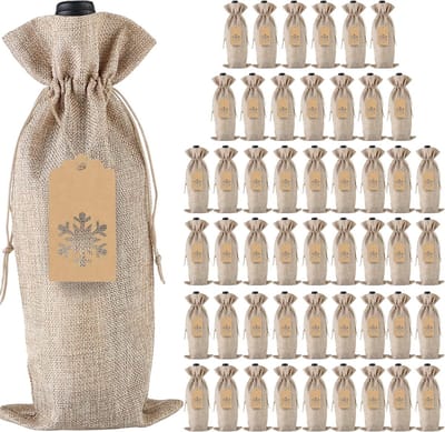 Jute-geschenkzakjes met trekkoord voor wijnflessen, met hangers en touwen voor Kerstmis, bruiloft, reizen, verjaardag, vakantiefeest (48 stuks natuur)
