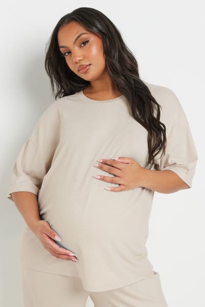 Bump It Up Maternity Geribbelde Premium Top Met Korte Mouwen In Crème Size 44