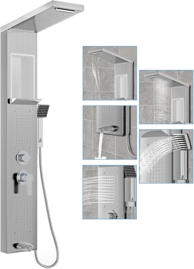 ACXIN Duschpaneel 5-Functie RVS Armatur Wandmontage Zilver met Opbergrek