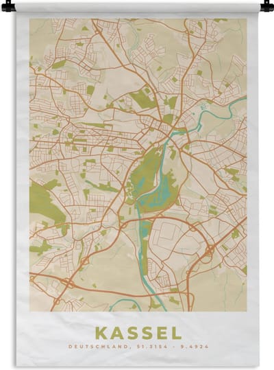 Wandkleed - Wanddoek - Plattegrond - Kaart - Kassel - Vintage - Stadskaart - 120x180 cm - Wandtapijt