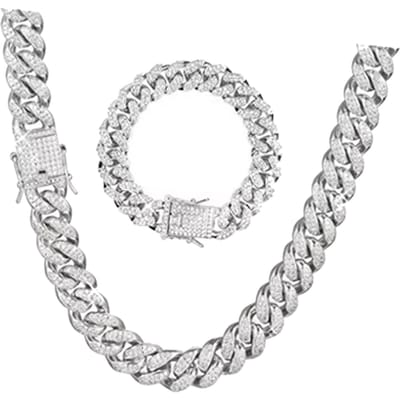 2 Stuks Cubaanse Schakelketting Strass Halsketting Armband Set Cadeau voor Geliefde Jubileum Verjaardag Zilver 50CM 20CM white