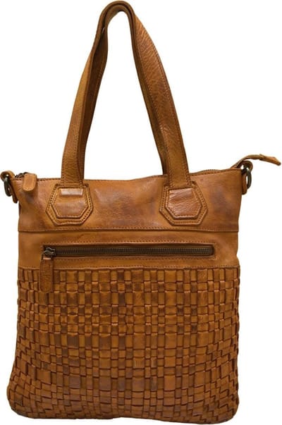 Tas Cognac Gewassen Leer met een Kort en Lang Hengsel - Lichtbruin Leren Dames Schoudertas Gemaakt Van Gevlochten Leer