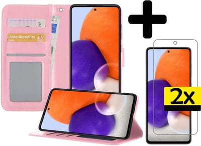 Hoesje - Met 2x Screenprotector - Geschikt voor Samsung Galaxy A72 5G - Luxe Pasjeshouder - Bookcase Portemonee - Flip Case - Kunstleer Book Case - Flipcase Hoes - Book Cover - Walletcase - Portemonneehoes - Telefoonhoesjes - Lichtroze