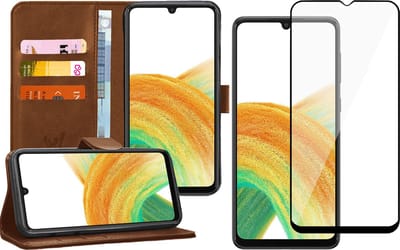 Hoesje geschikt voor Samsung Galaxy A33 - Book Case Kunstleer Wallet Cover Portemonnee Pasjeshouder Hoes Bruin - Full Tempered Glass Screenprotector