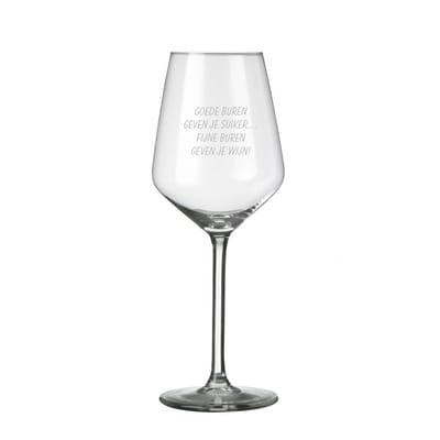 Wijn - wijnglas - buren - burendag - borrel i.p.v. koffie - wijntje met de buurvrouw - glas met gravering - zandstralen - uniek cadeau - glaswerk - blijvende herinnering