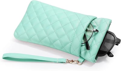 Eyeglasses Pouch met Draagriem in Mint Groen - Zonnebril Etui van Zacht PU Leer - Groot Formaat - Reinigingsdoek Inbegrepen - Voor Dames en Heren