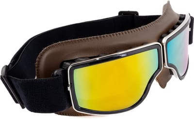 KIMU® Goggles Motorbril Skibril - Bril Donkerbruin Montuur - Oranje Spiegelglazen - Leatherlook Pilotenbril Vintage Motor Retro Steampunk Lederen Heren Festival