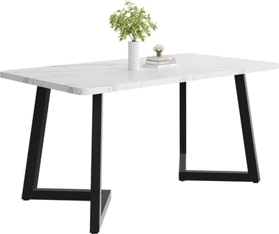 Gutent Eettafel, Zwart/Wit, 117x68cm (1-st), MDF-materiaal, Metalen frame Moderne rechthoekige eettafel met marmerdessin en metalen poten voor eetkamer Woonkamer