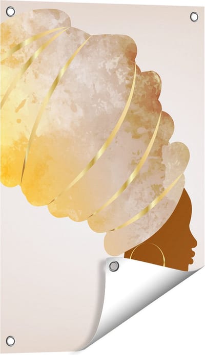 Gards Tuinposter Afrikaanse Vrouw met Gouden Tulband - 40x60 cm - Tuindoek - Tuindecoratie - Wanddecoratie buiten - Tuinschilderij