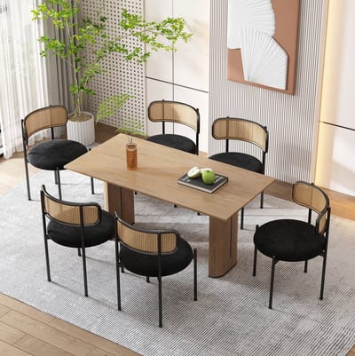 DESMIU Eetkamerstoel - 6-Zits Set - Velvet Met Rotan Rugleuning En Metalen Poten - Voor Eetkamer En Woonkamer - Zwart