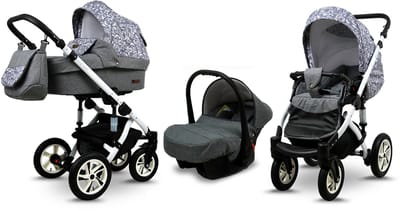 BabyLux® Kinderwagen 3in1 – SKY LARK - Grey Animals WHITE FRAME - Opklapbare Wandelwagen incl. Reiswieg, Multifunctionele Buggy Sportstoel, Autostoel - Combi-kinderwagen met Luiertas, Regenhoes, Klamboe, Bekerhouder, etc.