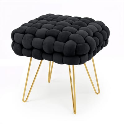 Gestoffeerde Fluwelen Poef DOTTY 38 cm / Vierkante Poef met Gouden Poten / Stijlvolle Kruk / Kaptafelkruk / Halstoel / Woonkamerstoel / Zwart