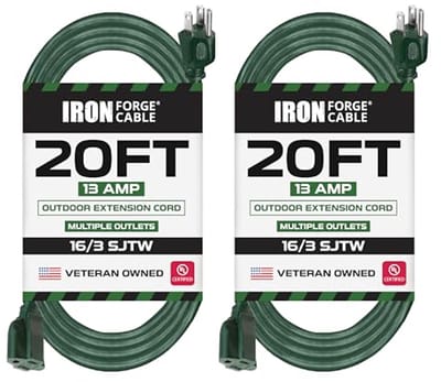 2-Pack 20 ft Outdoor Extension Cord - Weatherproof 16/3 SJTW Green Cable for Gardens, Landscaping, and Outdoor Lighting