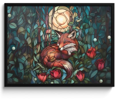 Poster in lijst - Fotolijst 70x50 cm - Posters - Vos - Mozaïek - Bos - Maan - Posterlijst zwart - Decoratie - Wanddecoratie woonkamer - Muurdecoratie slaapkamer