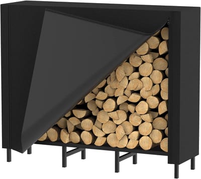 Brandhout Rek met Deksel - Houtopslag Rek - Buiten Opslaan - Weerbestendig Staalframe - 120 x 26 x 10 cm