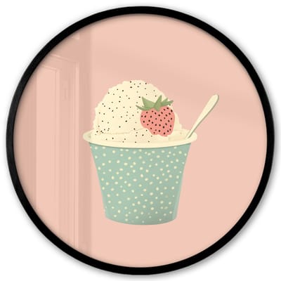 Poster in lijst Rond - Fotolijst 40x40 cm - Posters - Bakje - Ijs - Aardbei - Roze - Ronde posterlijst zwart - Decoratie - Wanddecoratie woonkamer - Muurdecoratie slaapkamer